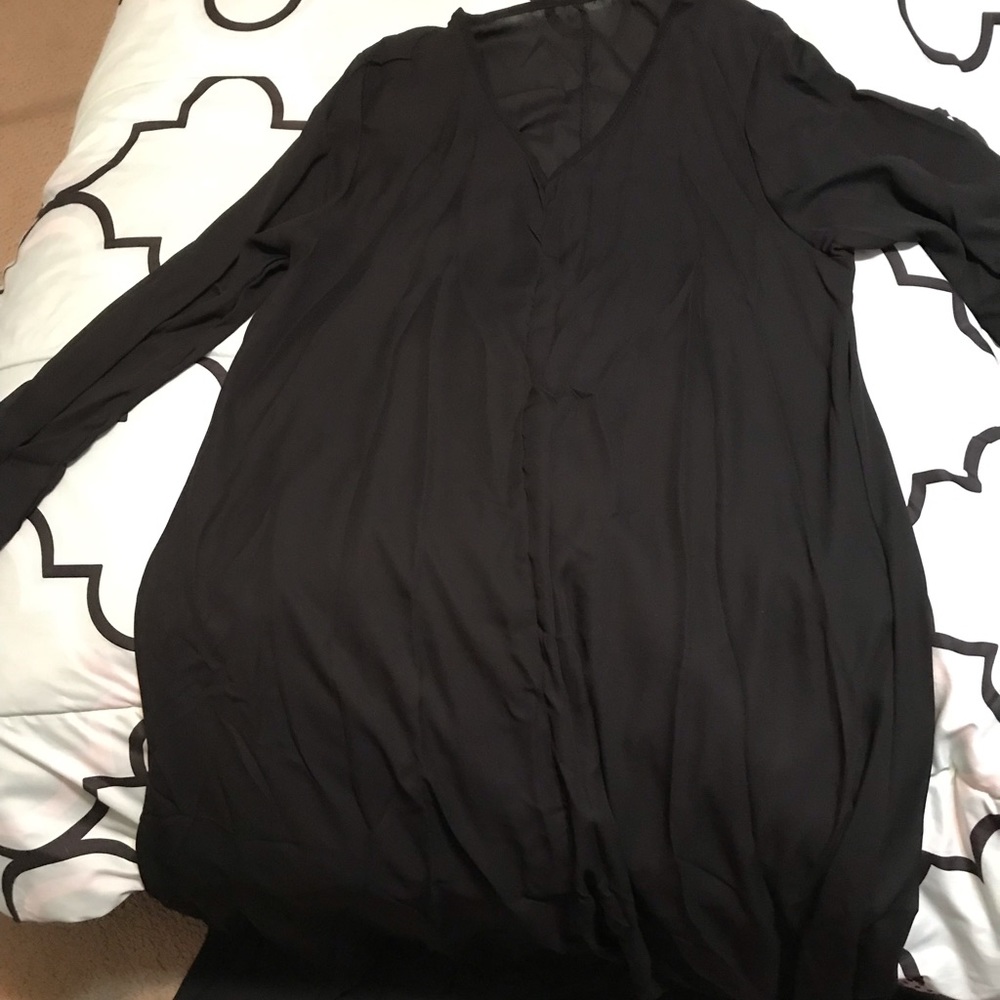 High-low Black Flowy Long Sleeve Dress